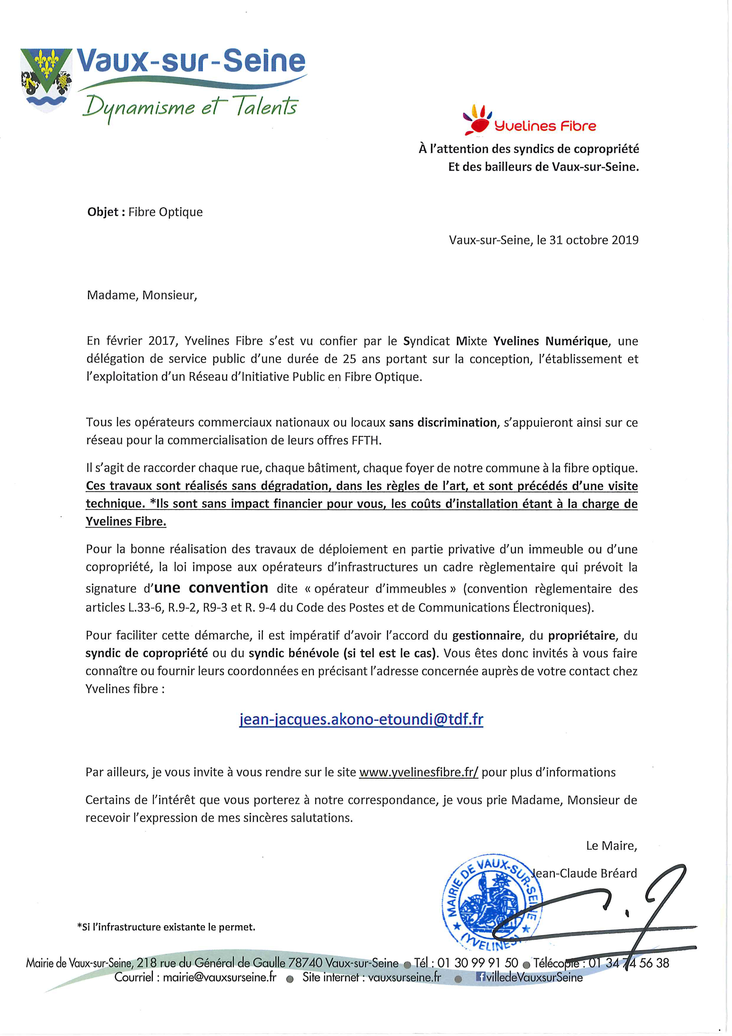 Fibre optique lettre vaux sur seine